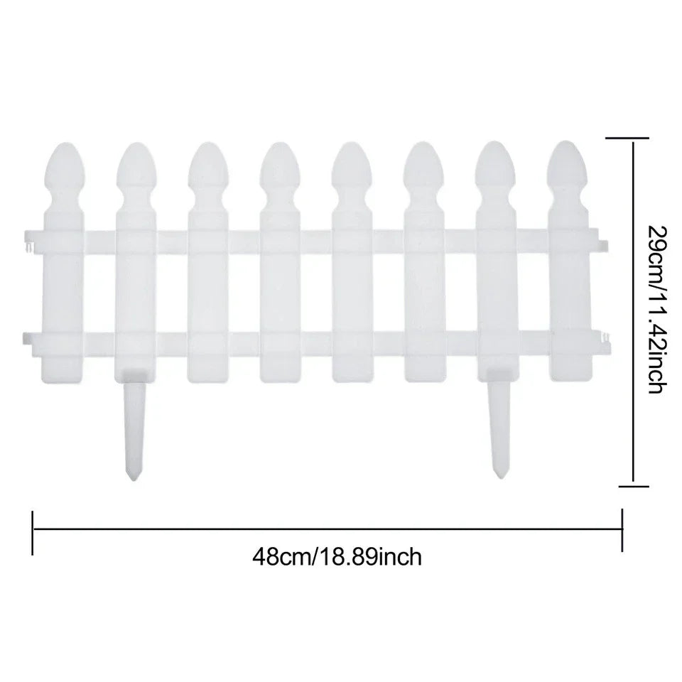 4,8,12 PCS White Plastic Picket Fencing Wooden Effect Lawn Border Edge Garden Edging — on a clean white background