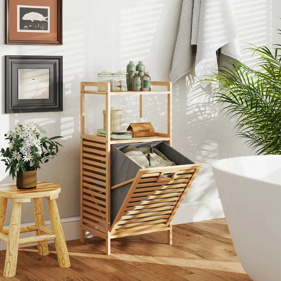 Bamboo Bathroom Shelf Tilt out Laundry Hamper Storage Organiser w/Laundry Basket — alternate product view 3