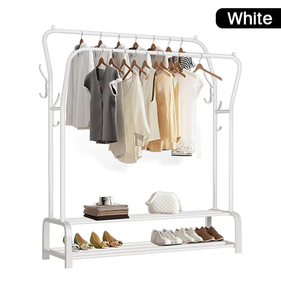 Double-Rail Clothes Rack with Shoe Shelf — Black or White — White — product view