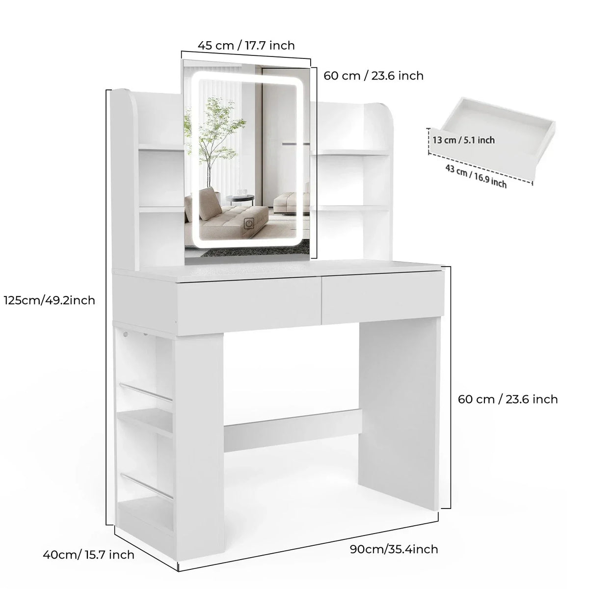 Dressing Table Makeup Desk Vanity Desk With 2 Drawers & LED Mirror & 4 Shelves — on a clean white background