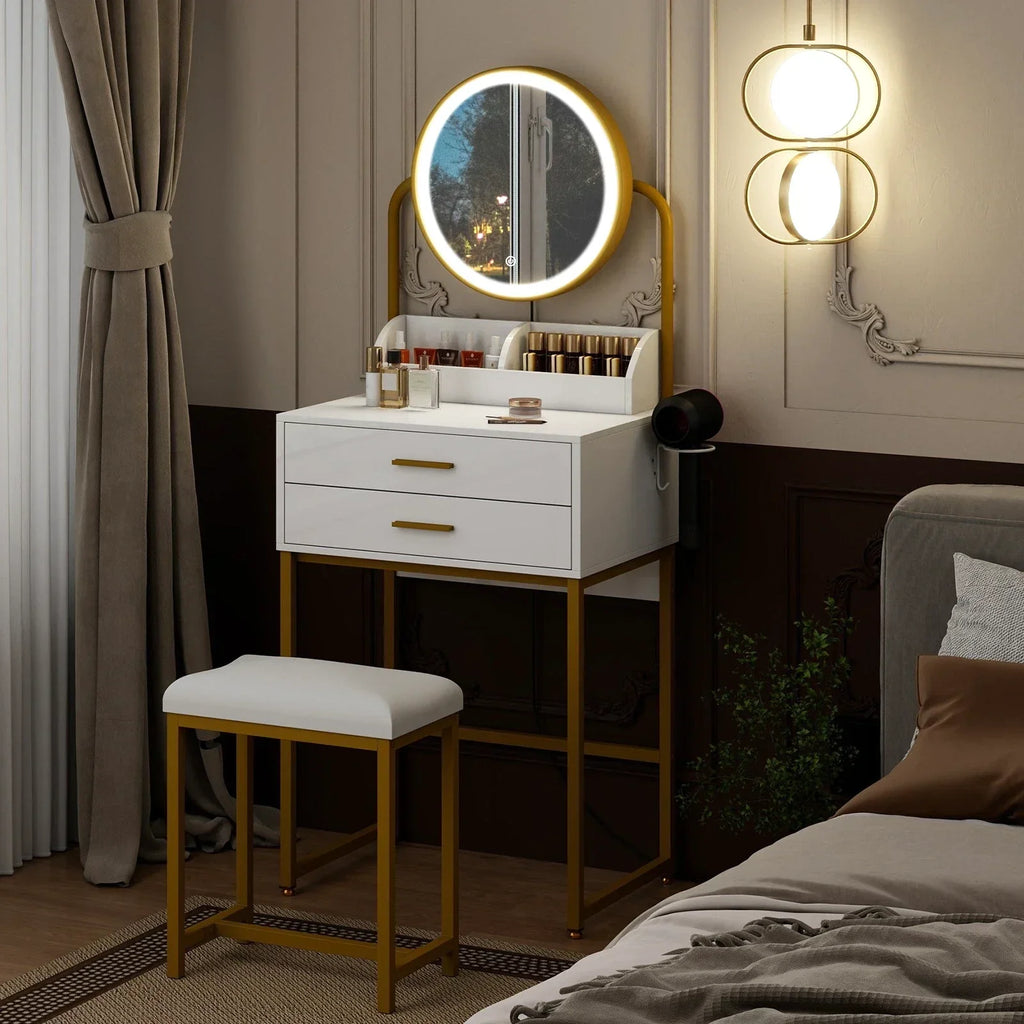 Modern Vanity Dressing Table LED Light Mirror Stool Shelves 2 Drawers Compact — alternate product view 2