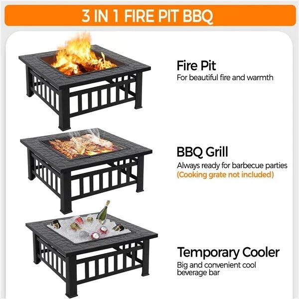 Large Fire Pit BBQ Outdoor Iron Grill Square Garden Table Patio Log Burner Stove — alternate product view 5