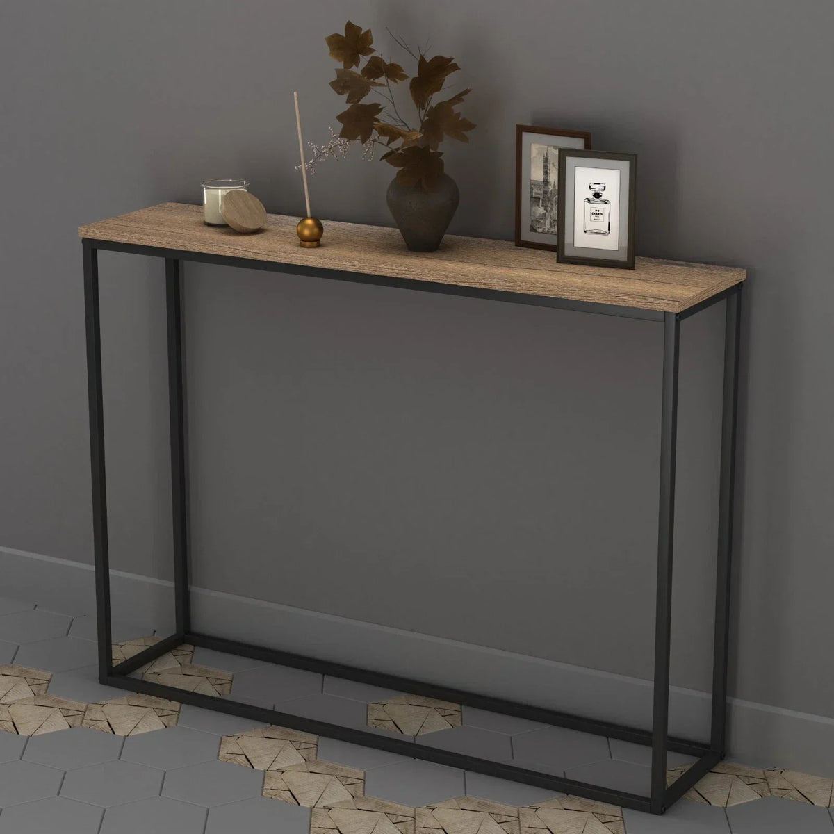 Wooden Free Standing Hallway Console Table Living Room Shelf Display Metal Legs — alternate product view 9