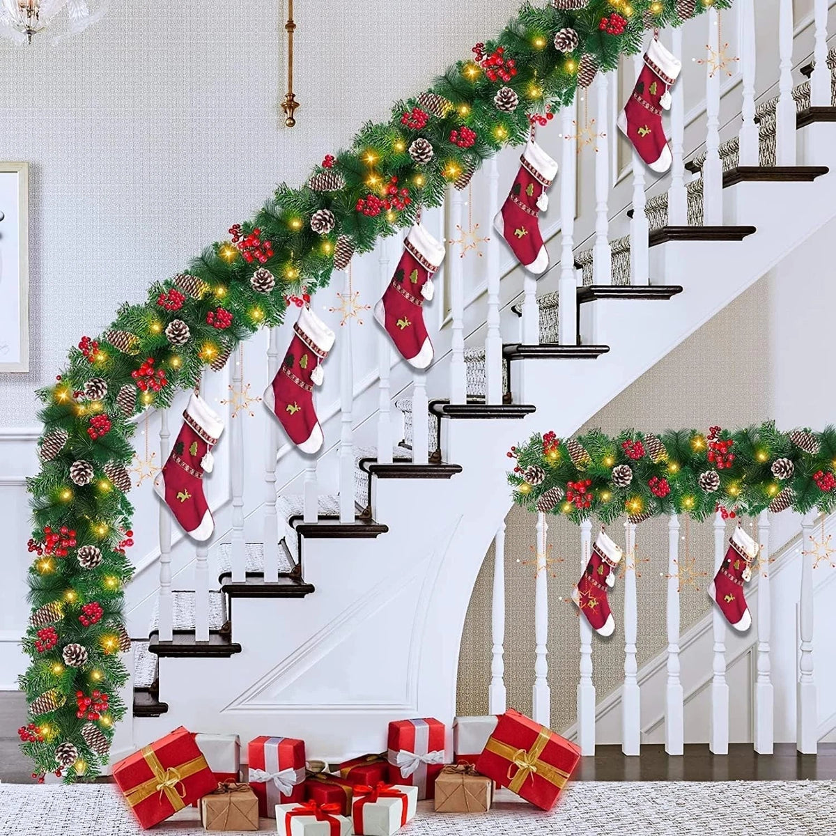 9ft Christmas Garland Snow Flocked With Lights Pinecones Berries Wreath Bushy — main product view