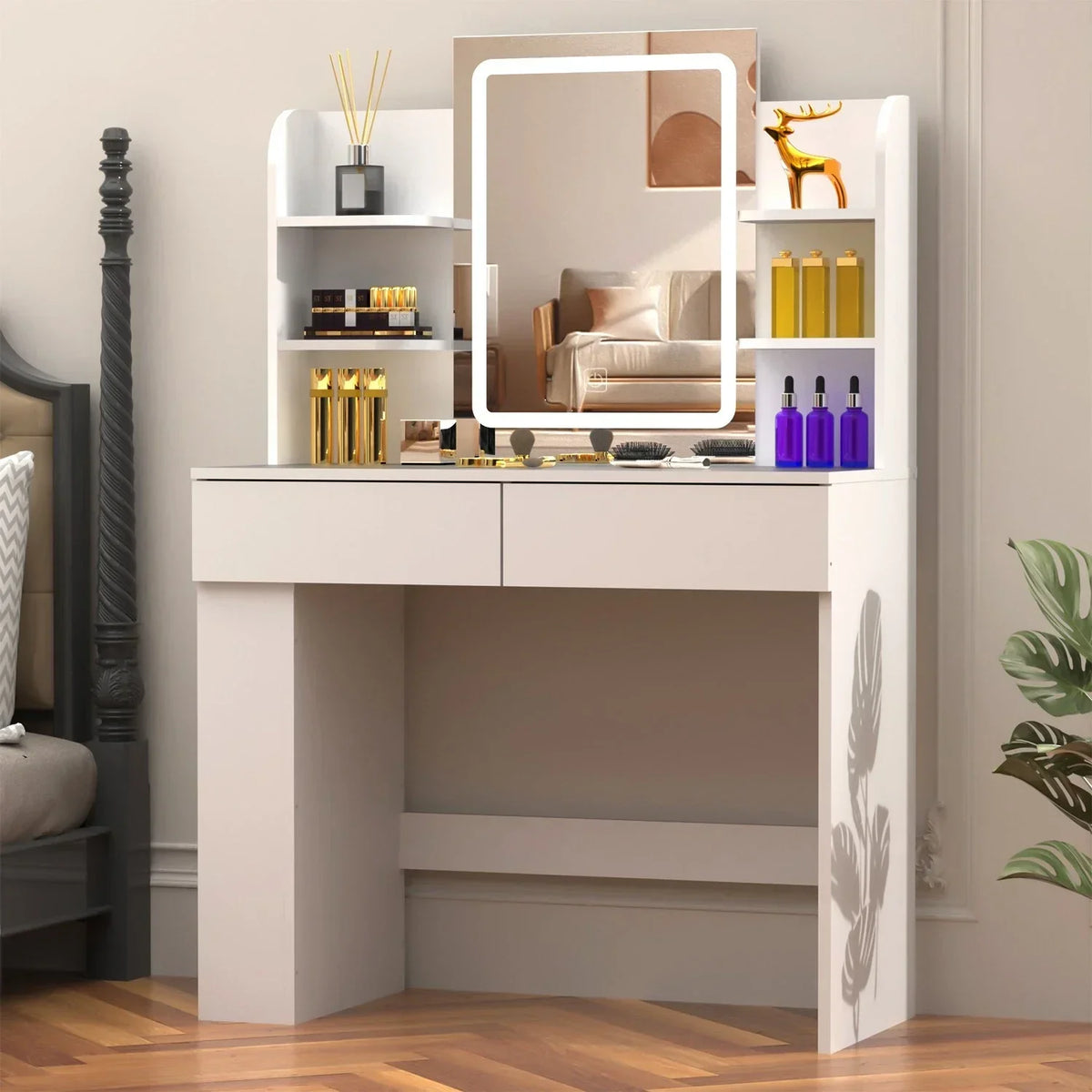 Dressing Table Makeup Desk Vanity Desk With 2 Drawers & LED Mirror & 4 Shelves — alternate product view 2