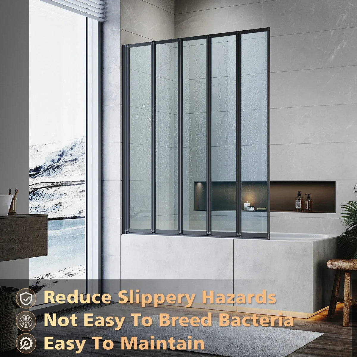 5 Folding Bath Shower Screen Black / Chrome Frame Wet Room Glass Panel 1200 x 1400mm — Black — product view