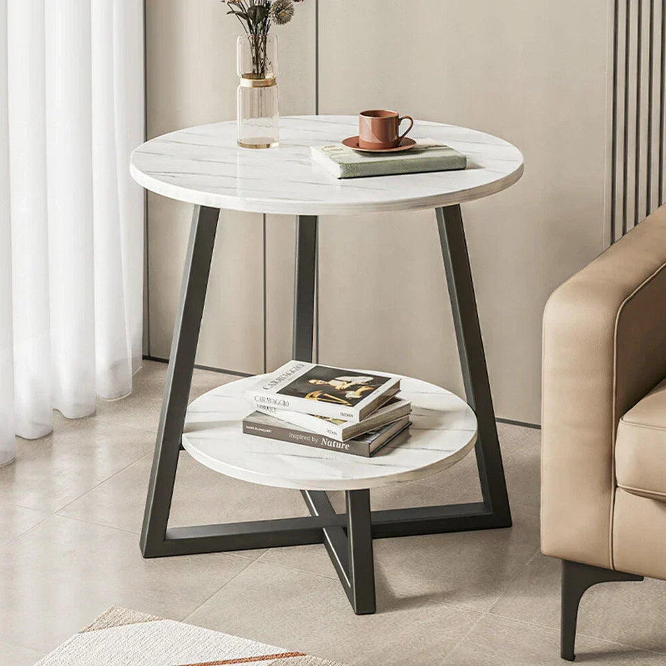 Round 2 Tier Coffee Table Side Table White Marble Effect End Table Living Room — alternate product view 4