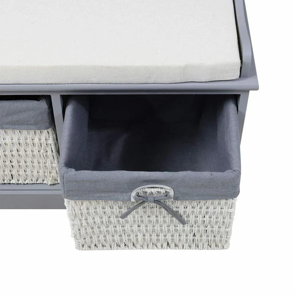 Large Shoe Storage Bench with Seat Cushion And 2 Rattan Basket Organiser Hallway — alternate product view 5
