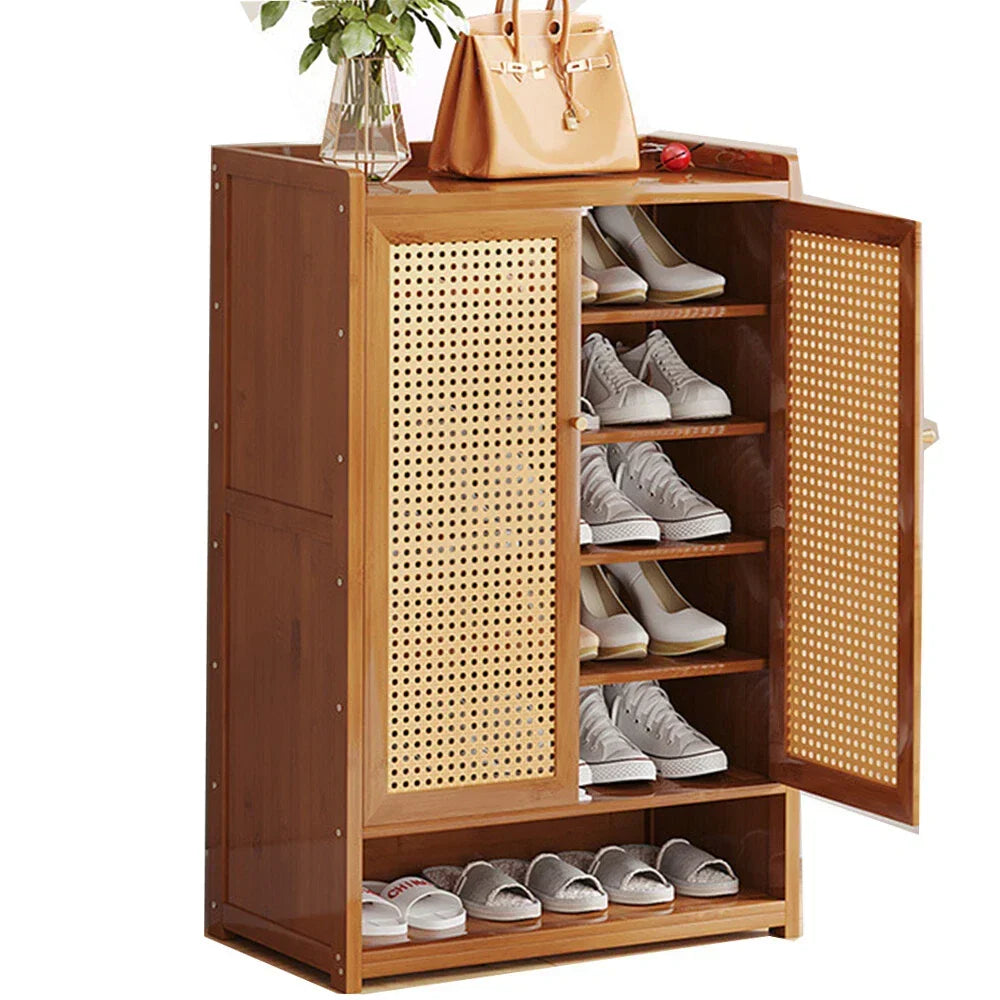 Shoe Cabinet Storage Cupboard Footwear Stand Rack Wooden Double Rattan Doors UK — on a clean white background