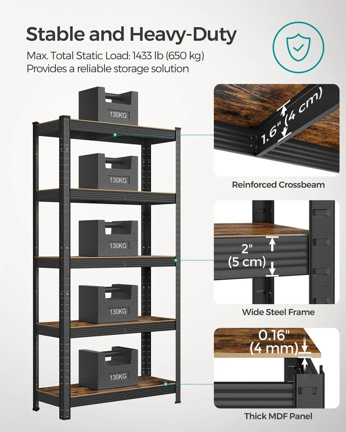 Large Heavy Duty Industrial Shelving Unit 650kg Load Capacity Adjustable Shelves — alternate product view 6