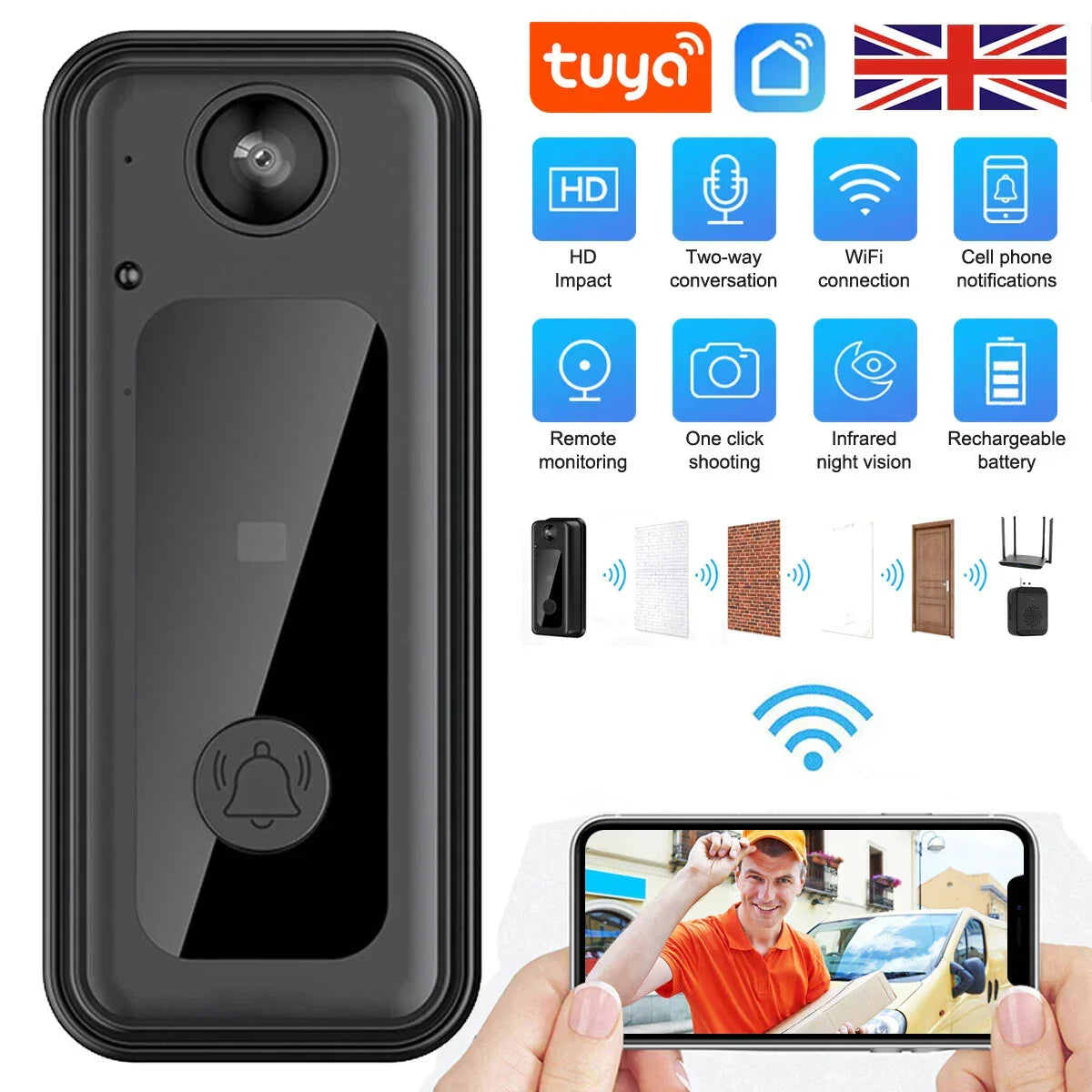 Wireless WiFi Smart Video Doorbell Phone Security Camera Door Ring Intercom Bell — main product view