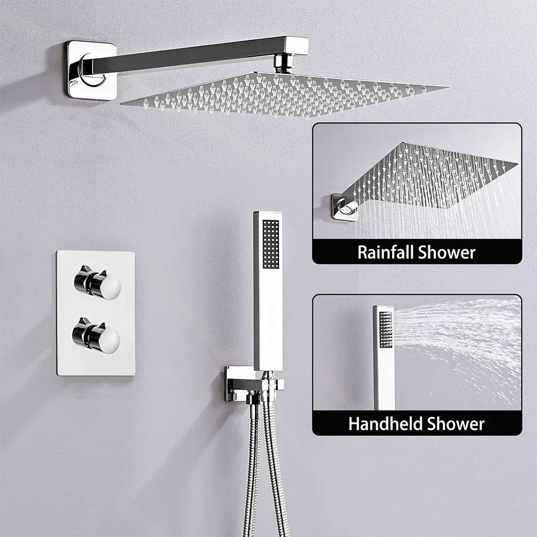 Modern Concealed Square Shower Brass Valve Mixer Twin Head Shower Set Chrome — alternate product view 6