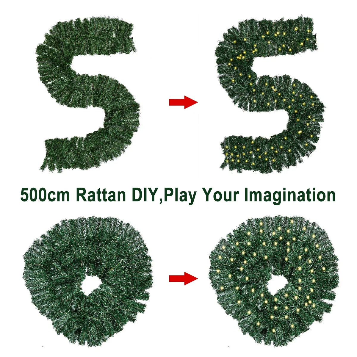 16FT Christmas Garland with LED Lights Pre Lit Stairs Home Fireplace Bushy Pine — on a clean white background