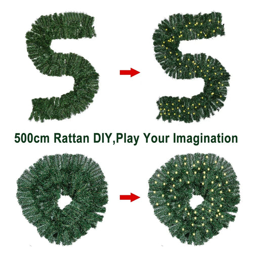 16FT Christmas Garland with LED Lights Pre Lit Stairs Home Fireplace Bushy Pine — on a clean white background