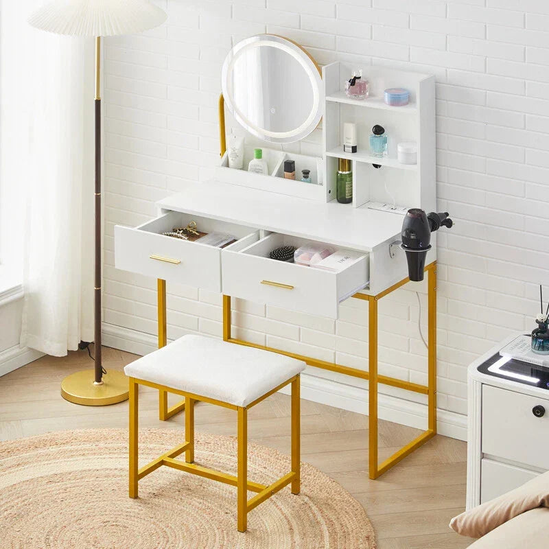 Dressing Table Round Mirror LED Lights Stool Vanity Table Makeup Desk Gold Leg — alternate product view 13