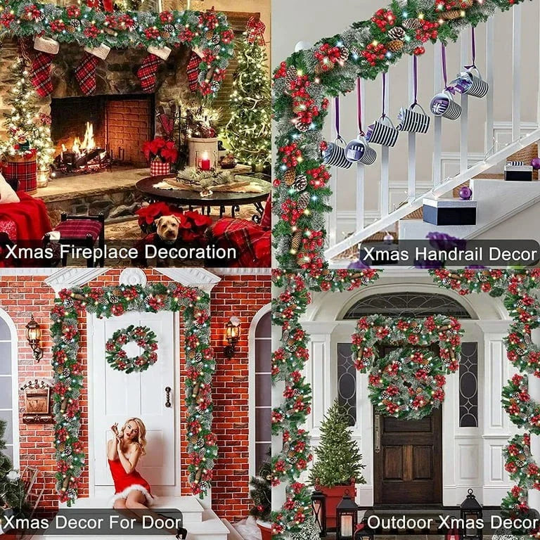 9ft Christmas Garland Snow Flocked With Lights Pinecones Berries Wreath Bushy — alternate product view 14