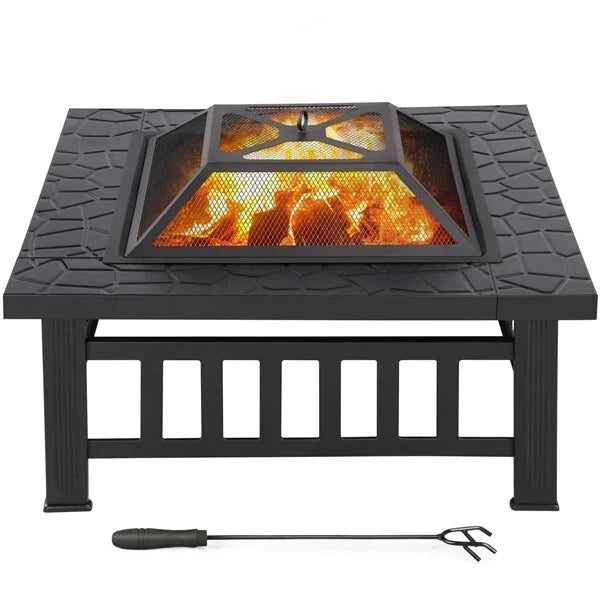 Large Fire Pit BBQ Outdoor Iron Grill Square Garden Table Patio Log Burner Stove — on a clean white background