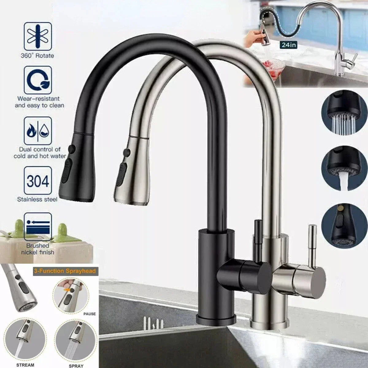 360° Kitchen Sink Mixer Taps Pull Out Spout Spray Single Lever Modern — alternate product view 3