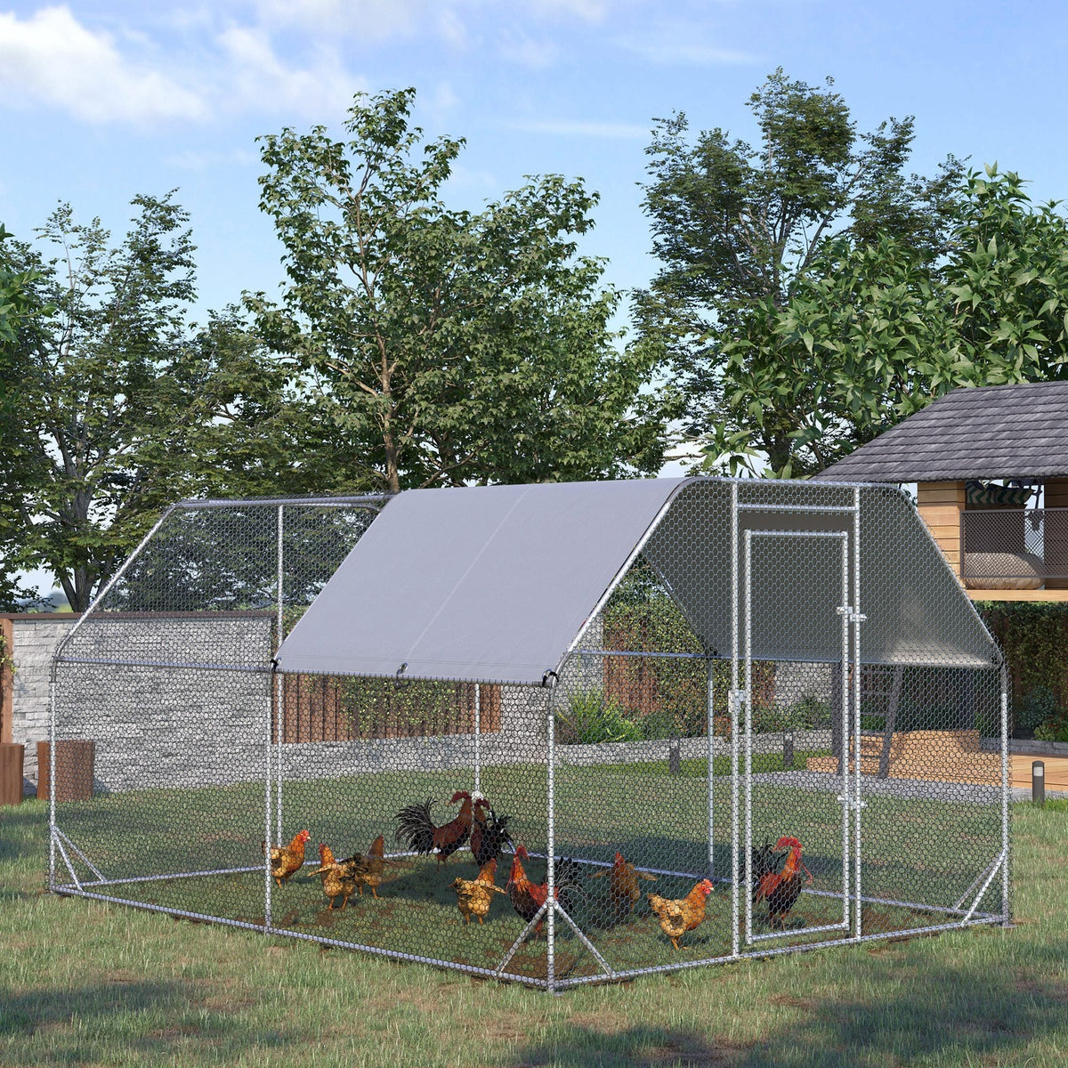 Chicken Run W/ Roof, Walk In Chicken Coop, Hen House Duck Pen — 280W x 380D x 195H cm — product view