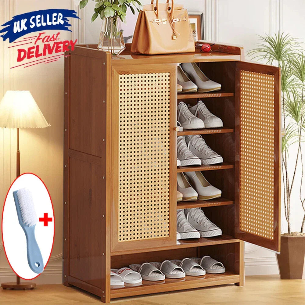 Shoe Cabinet Storage Cupboard Footwear Stand Rack Wooden Double Rattan Doors UK — alternate product view 2