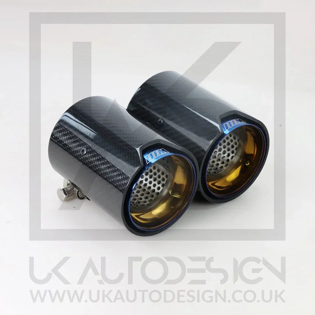 2 x BMW M135i/M140i/M235i/M240i MP Blue Carbon Fibre Exhaust Tip F20/F21/F22/F23 — alternate product view 3