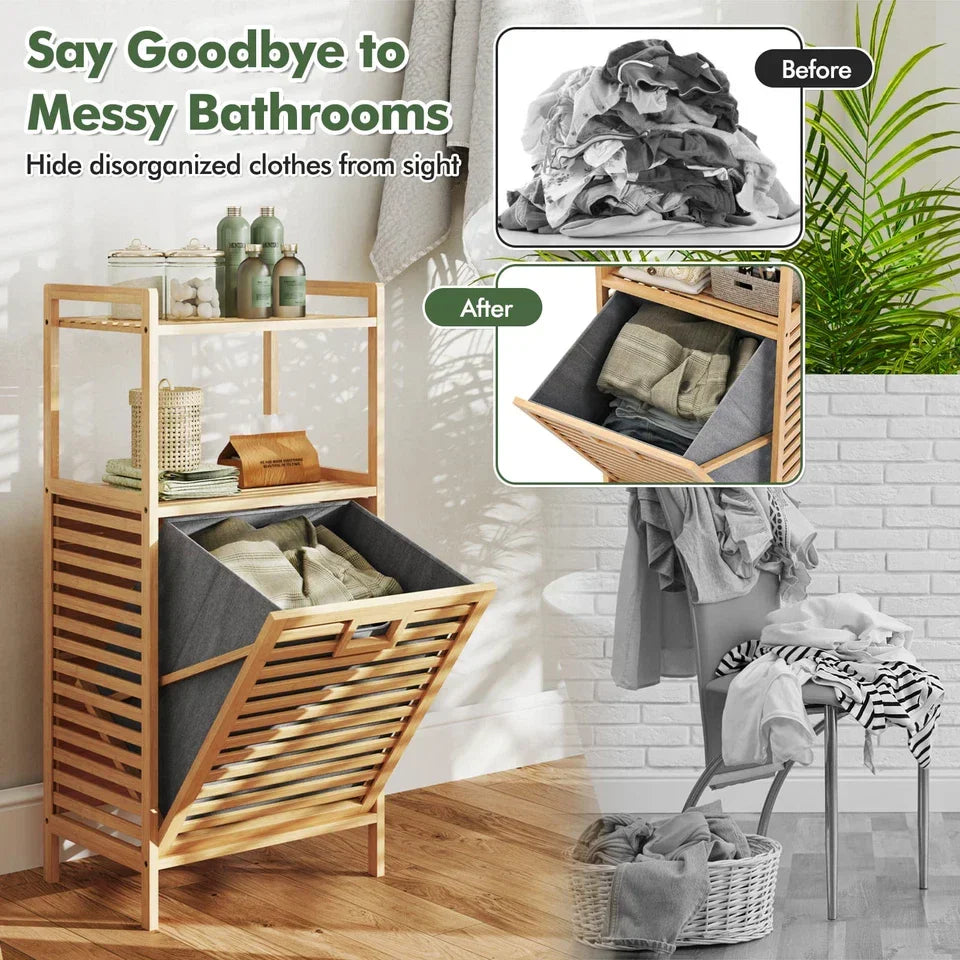 Bamboo Bathroom Shelf Tilt out Laundry Hamper Storage Organiser w/Laundry Basket — alternate product view 4