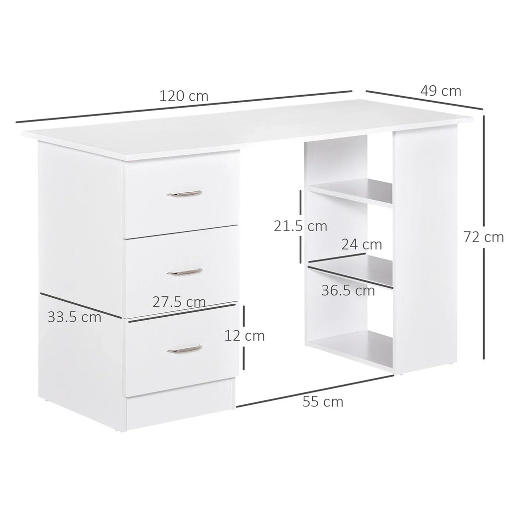 120cm Computer Desk PC Table Workstation w/ 3 Shelf & Drawers White — on a clean white background