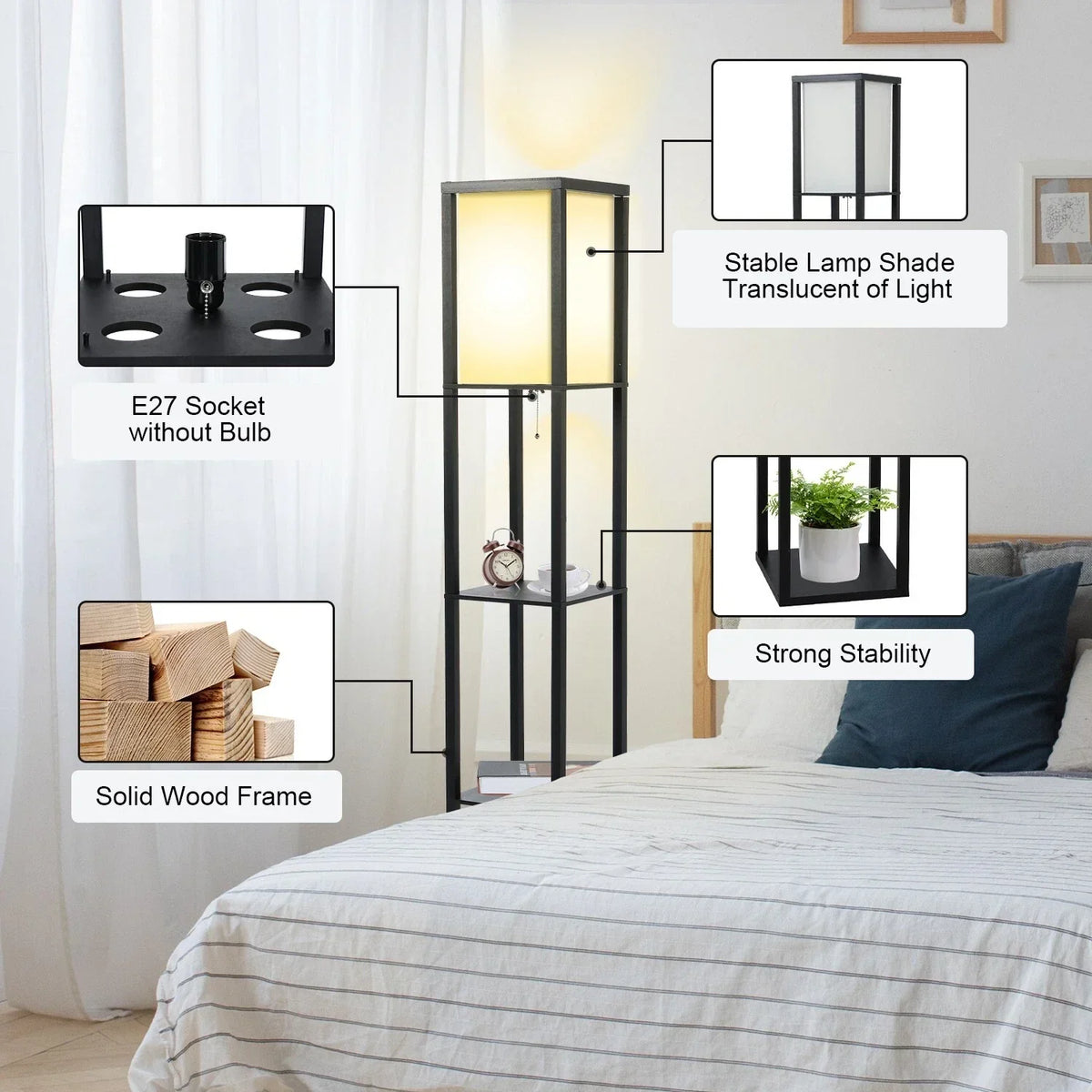 Floor Lamp Free Standing Wood 3-Tier Storage Shelf Reading Bedroom Living Room — alternate product view 4