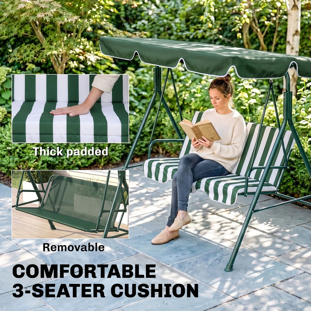 3-Seat Swing Chair Garden Swing Seat with Adjustable Canopy for Patio Green — alternate product view 2
