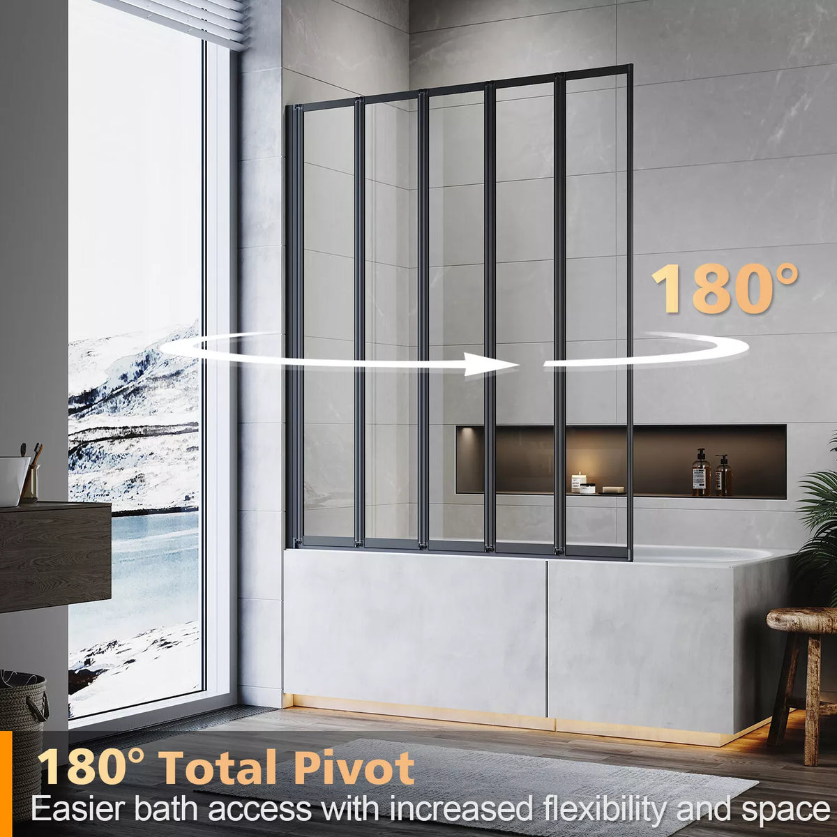 5 Folding Bath Shower Screen Black / Chrome Frame Wet Room Glass Panel 1200 x 1400mm — alternate product view 5