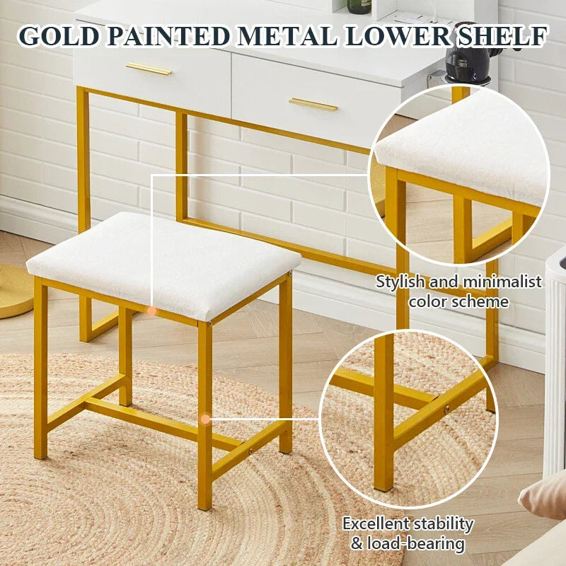 Dressing Table Round Mirror LED Lights Stool Vanity Table Makeup Desk Gold Leg — alternate product view 6