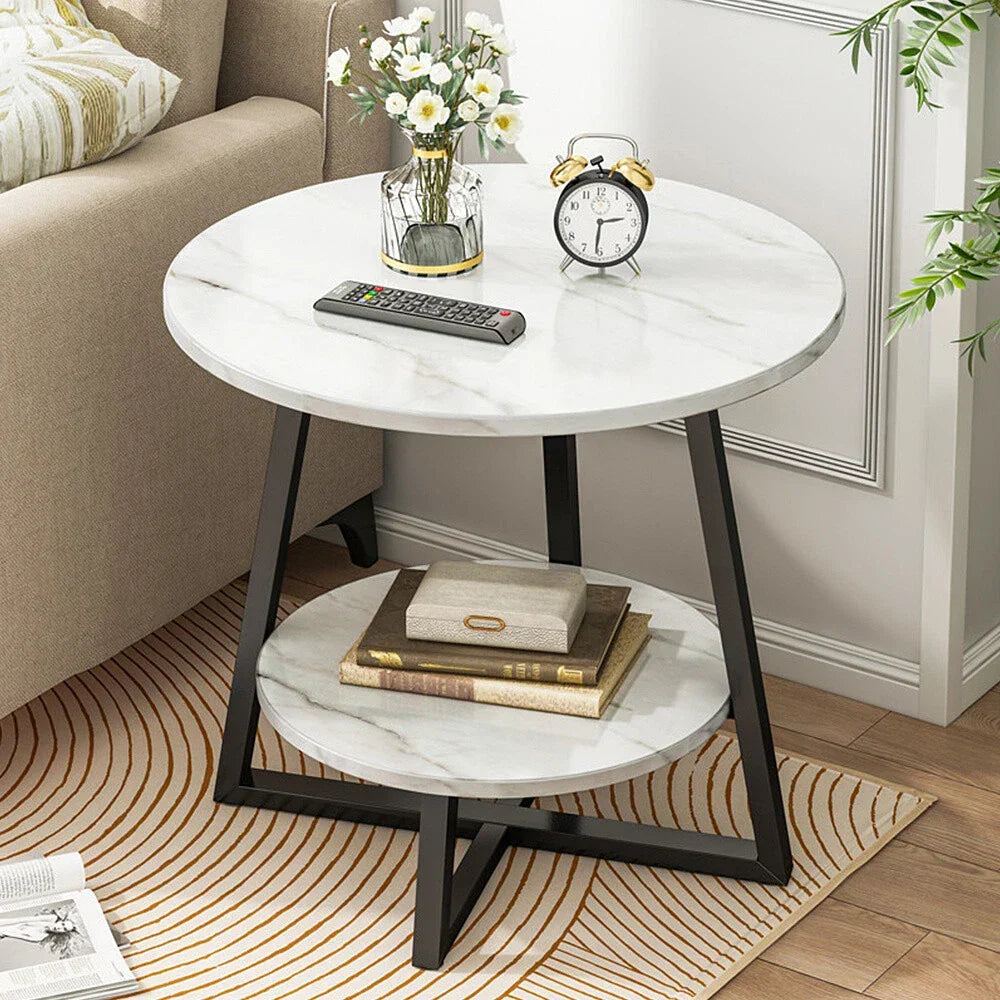 Round 2 Tier Coffee Table Side Table White Marble Effect End Table Living Room — alternate product view 2