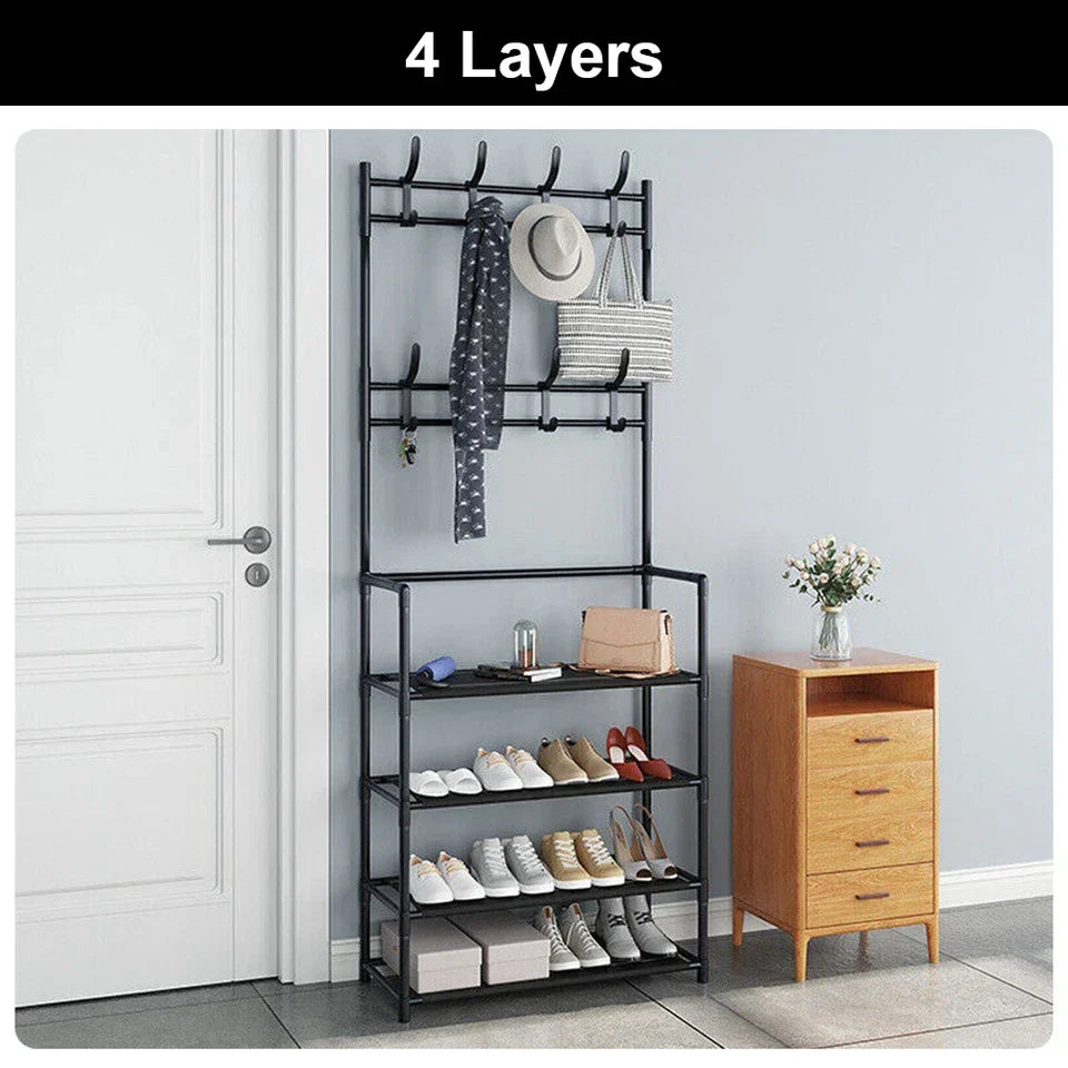 8 Hooks Coat and Hat Stand Metal + Plastic Shoe Rack Bedroom Shelf Hanger — 4 Tiers Black — product view