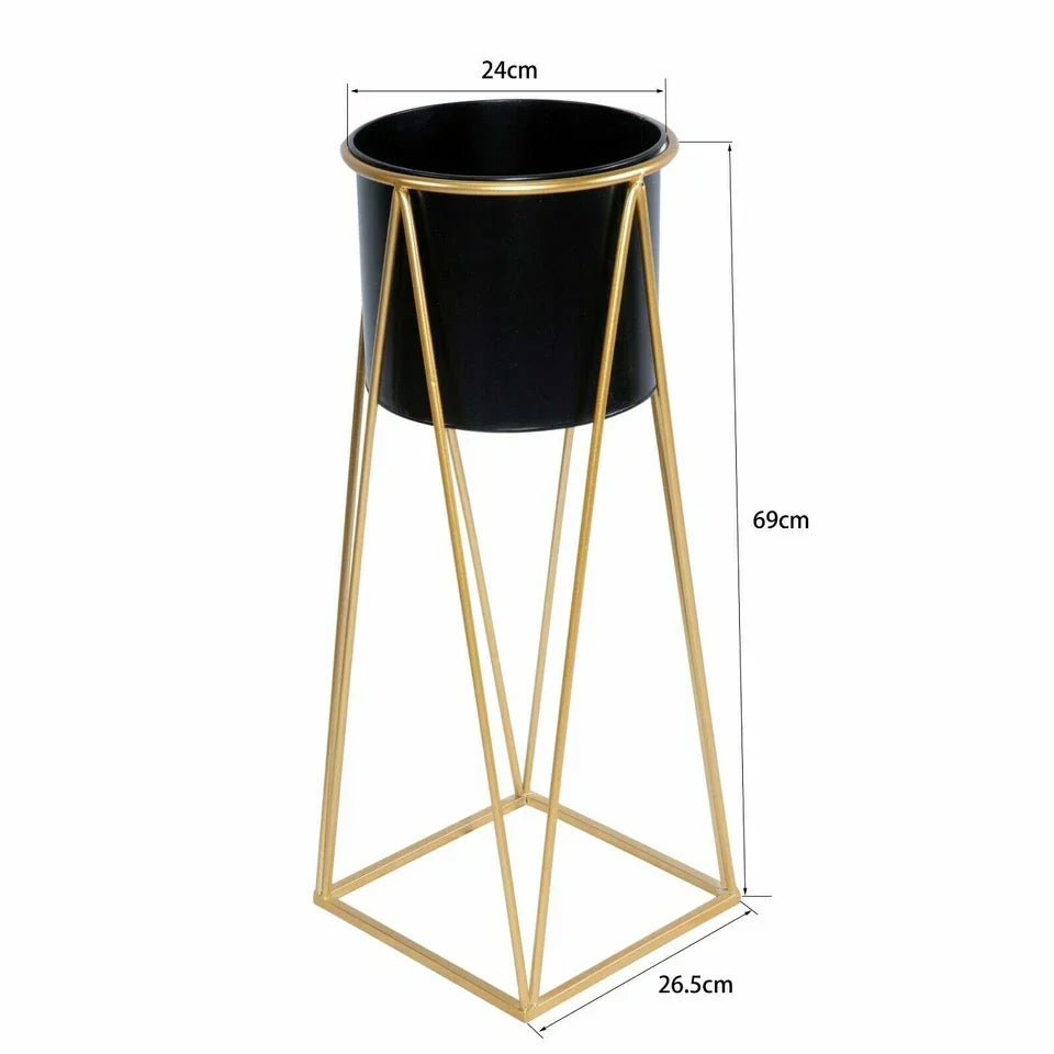 Metal Planter Stand With Plant Pot Flower Pot — Black Pot + Golden stand / Large — product view