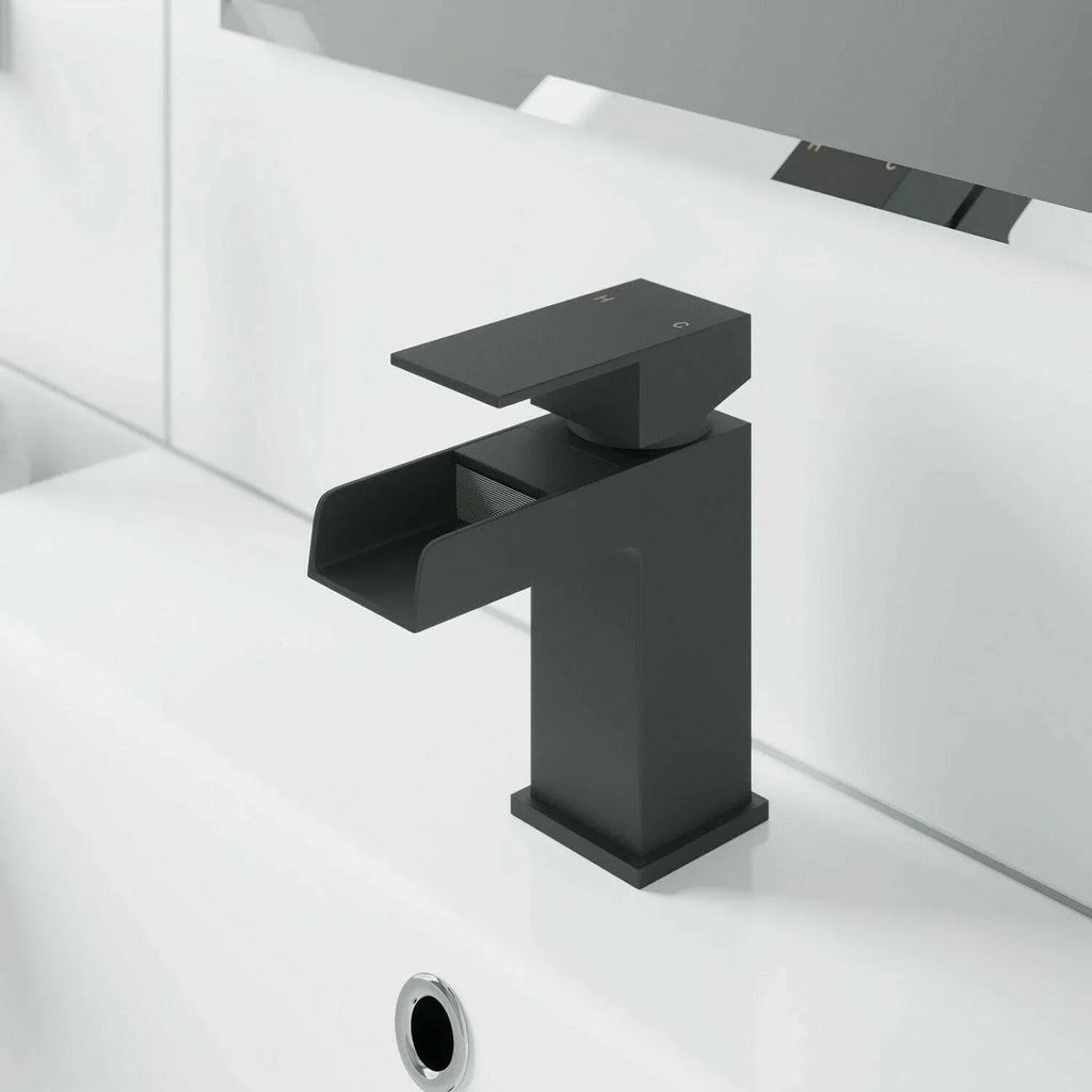 Bathroom Modern Waterfall Black Basin Sink Mono Square Mixer Tap Filler Waste — alternate product view 4