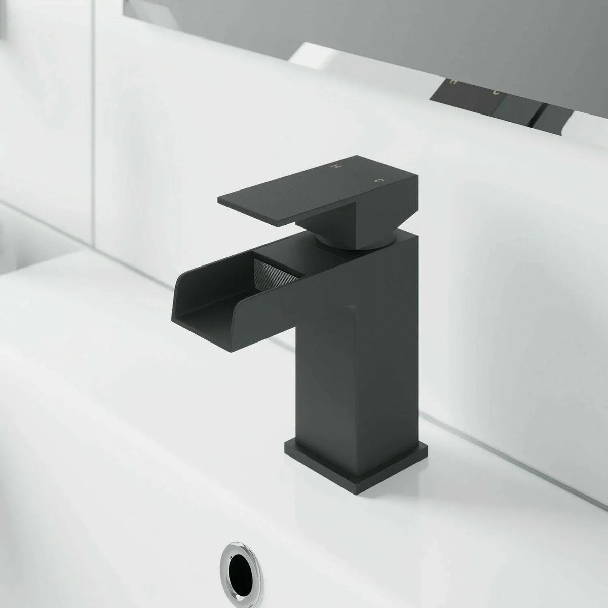 Bathroom Modern Waterfall Black Basin Sink Mono Square Mixer Tap Filler Waste — alternate product view 4