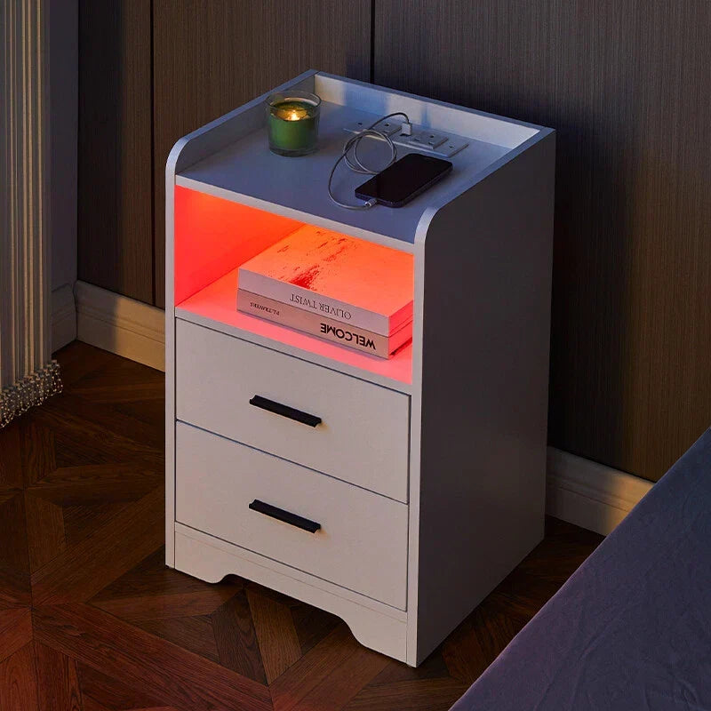 LED Light Bedside Table Nightstand High Gloss 2 Drawers USB Port Power Plug — alternate product view 13