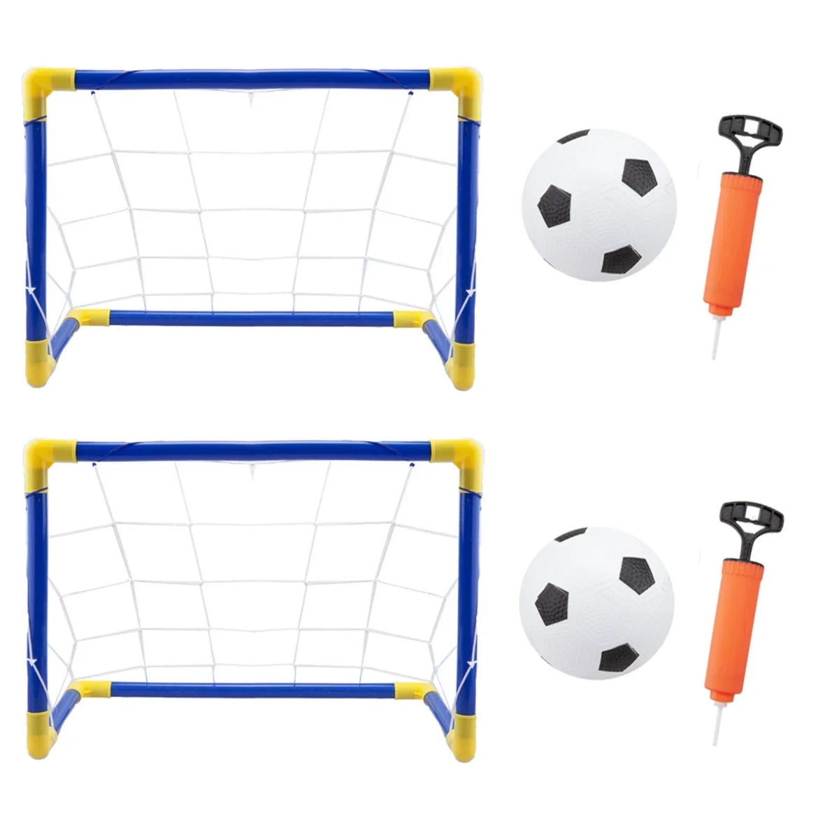 2 x Children's Football Soccer Goals, Ball, Pump Posts & Nets Indoor Outdoor Set — on a clean white background