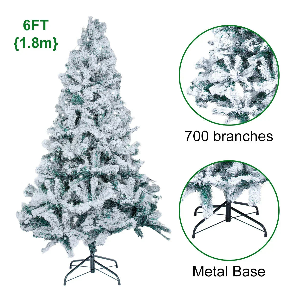5/6FT Snow Flocked Christmas Tree Bushy Branch Xmas Home Decoration In&Outdoor — 6ft + 300 lights — product view