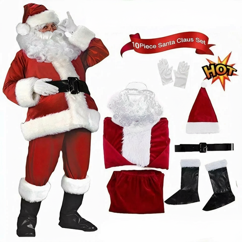 Deluxe Santa Suit Costume Plush Father Christmas Xmas Fancy Dress Mens S-5XL — on a clean white background