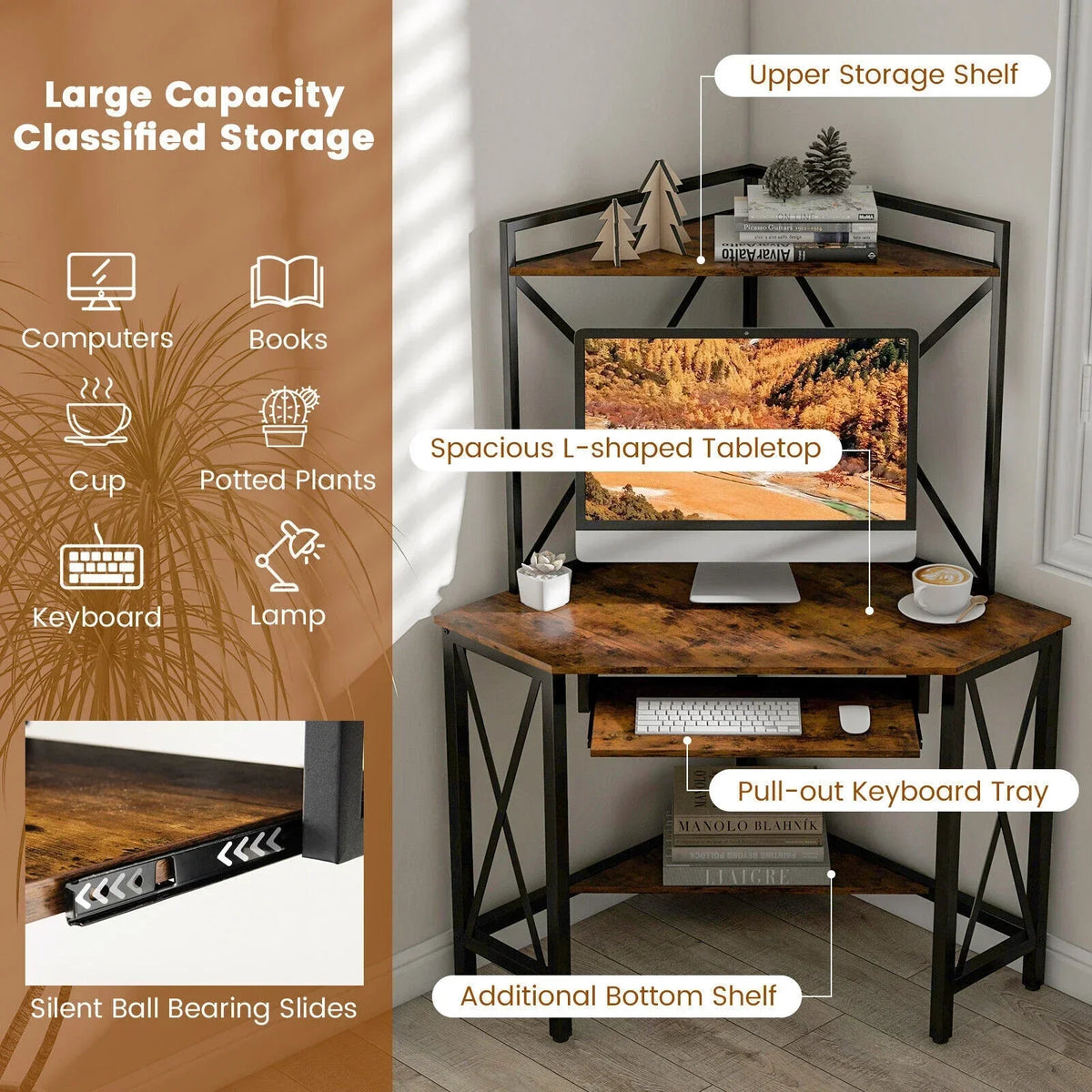 Corner Desk Space-Saving Computer Desk Home Office Study Writing Desk w/Shelves — alternate product view 3