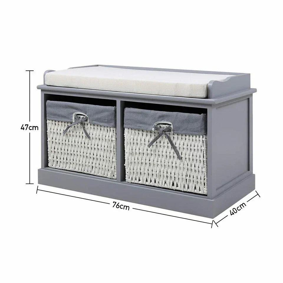 Large Shoe Storage Bench with Seat Cushion And 2 Rattan Basket Organiser Hallway — on a clean white background
