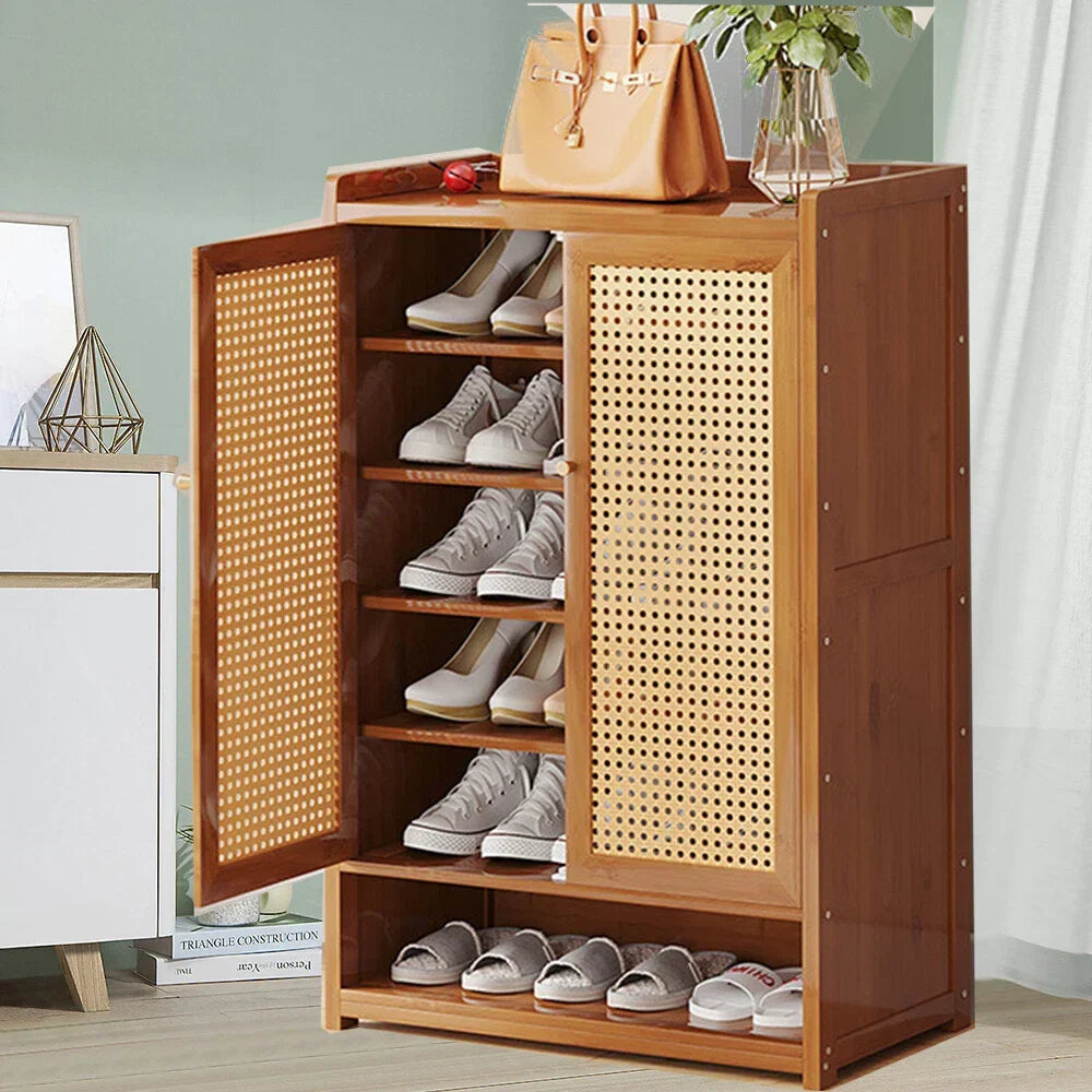 Shoe Cabinet Storage Cupboard Footwear Stand Rack Wooden Double Rattan Doors UK — alternate product view 5