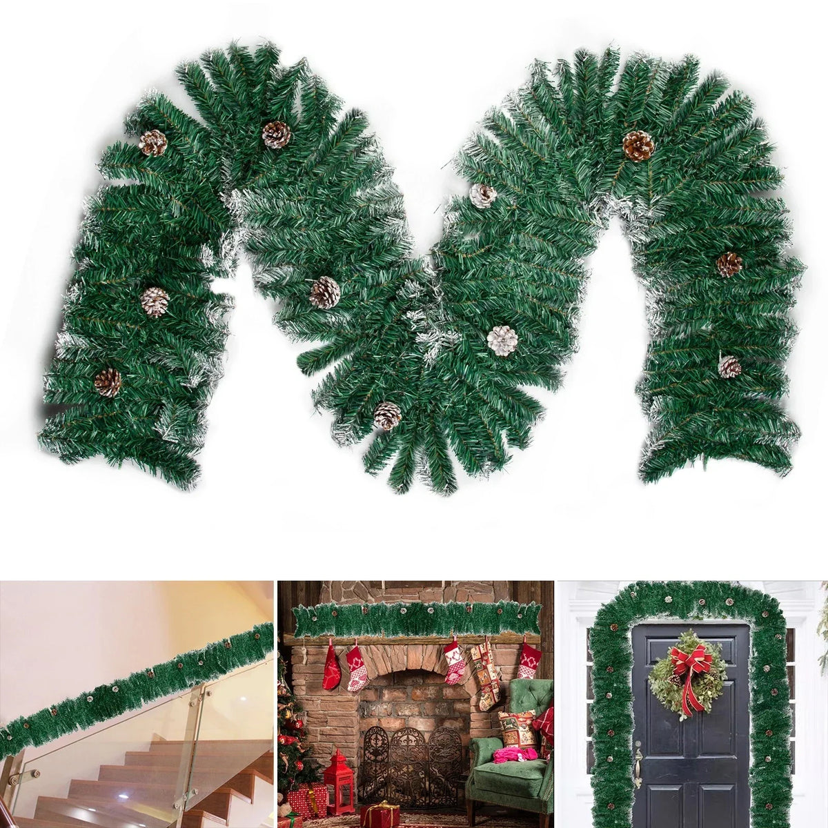 9ft Christmas Garland Snow Flocked With Lights Pinecones Berries Wreath Bushy — alternate product view 9