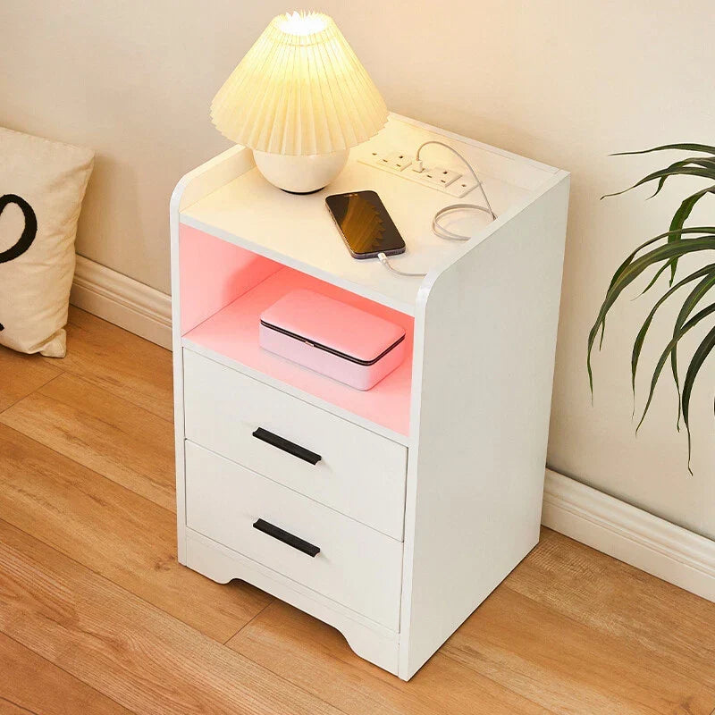 LED Light Bedside Table Nightstand High Gloss 2 Drawers USB Port Power Plug — alternate product view 11