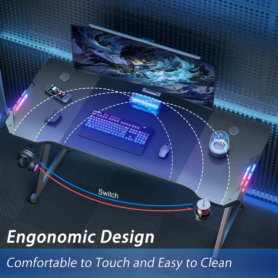 Gaming Desk LED RGB Computer Table Workstation w/ Cup Holder & Headphone Hook — alternate product view 3