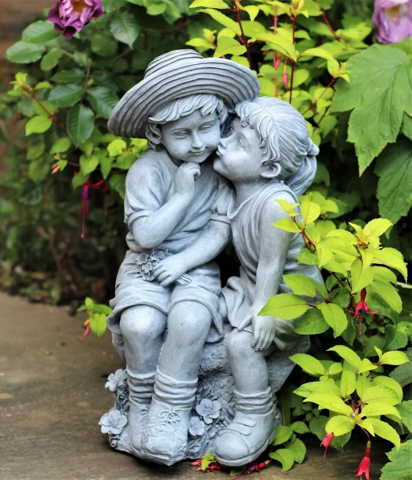 Garden Ornaments Boy & Girl Loving Kissing Cherub Statue Grey — alternate product view 2