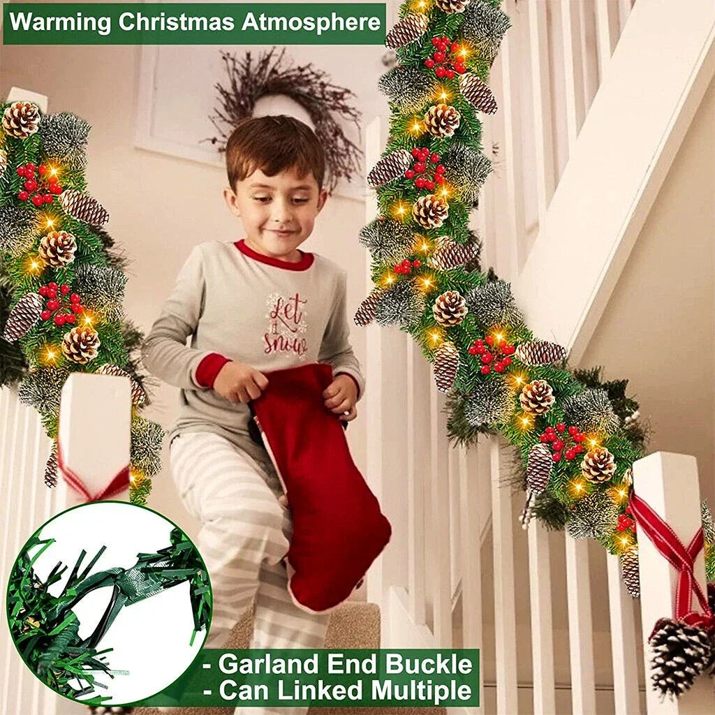 9ft Christmas Garland Snow Flocked With Lights Pinecones Berries Wreath Bushy — alternate product view 9