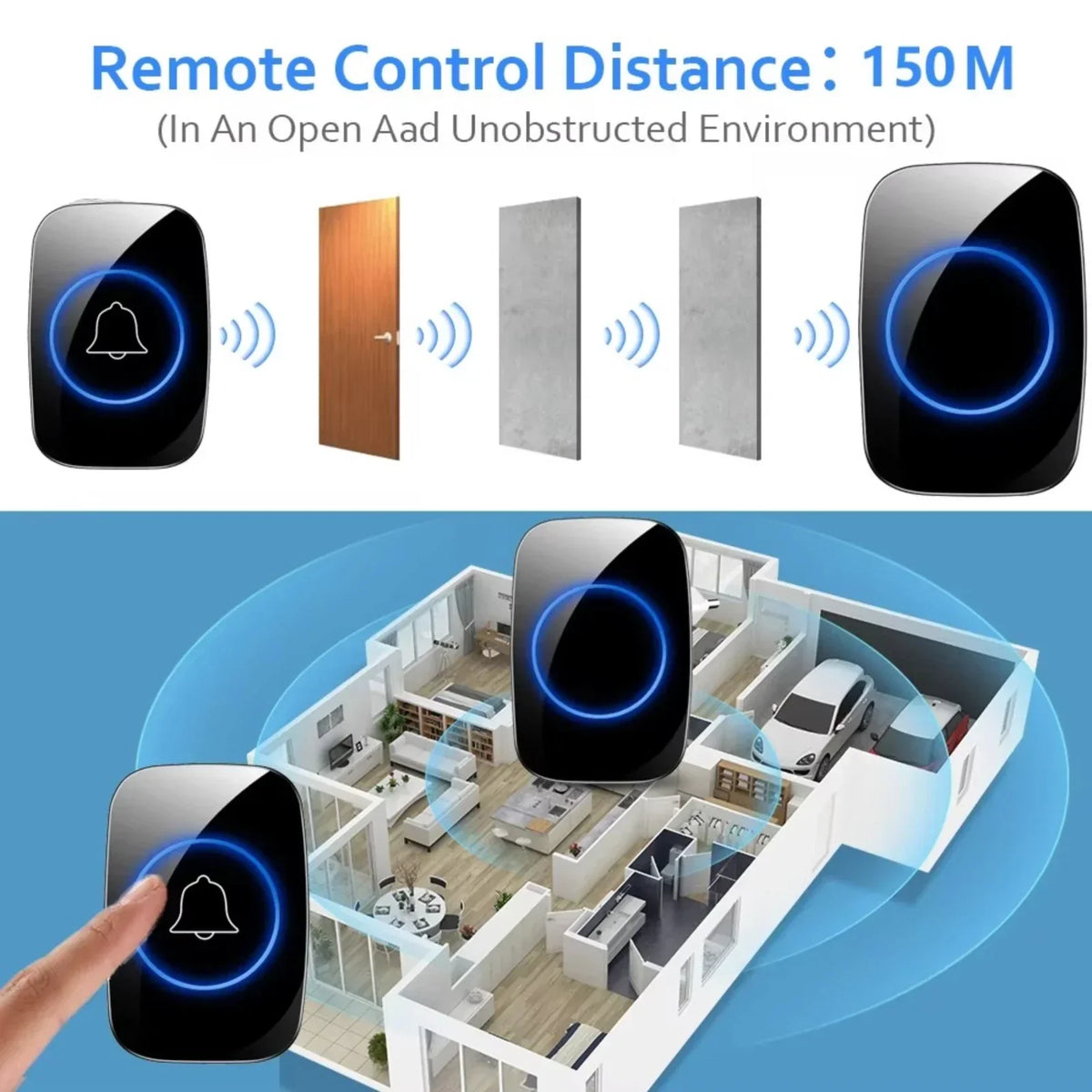 Wireless Doorbell Waterproof Range Door Bells Kit Cordless Plug-in Home Office — alternate product view 7