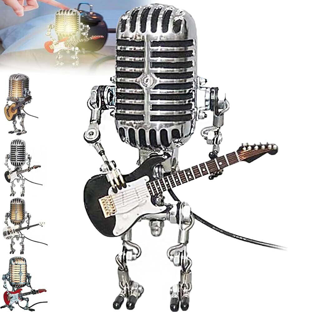 Retro Microphone Robot Desk Lamp LED Table Light Steampunk Ornament Decor Gifts — Black — product view